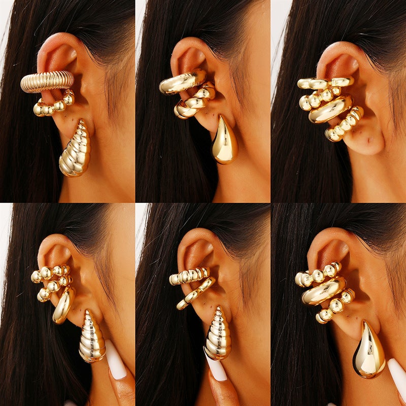 Fashion Exaggerated C- Shaped Ear Clip Water Drop Texture Earrings Suit Ear Clip Distinctive Earrings - Image 3
